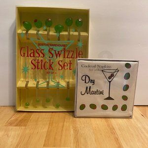 Cocktail Glass Swizzle Sticks and Embroidered Drink Napkins Bar Accessories